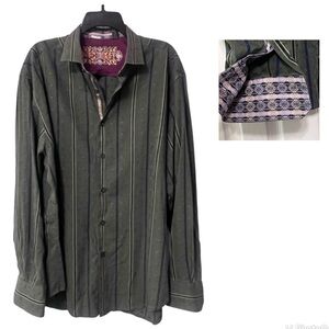 Robert Graham Long Sleeve Flip Cuff Shirt Mens 2XL Olive Green Purple Trim